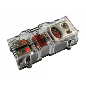 Hollywood MAHX 2R Sikringsholder til mini ANL sikring m/ voltmeter ind 21,4/ 53 mm2 og ud  2 x 21,4 mm2