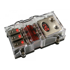 Hollywood MAHX 3R Sikringsholder til mini ANL sikring m/ voltmeter ind 21,4/ 53 mm2 og ud  3 x 21,4 mm2
