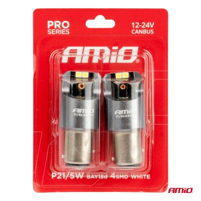 LED CANBUS PRO serie BAY15D P21/5W 4x3030 SMD Hvid 12/24V AMIO-03585