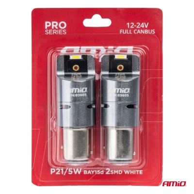 LED CANBUS PRO serie BAY15D P21/5W 2x1860SMD Hvid 12/24V FULD CANBUS med VENTILATOR AMIO-03605