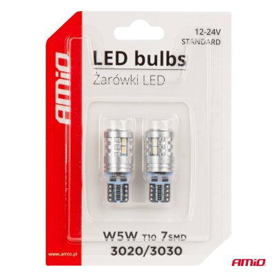 LED pærer STANDARD T10 W5W 6x3020 + 1x3030 SMD Hvid 12V/24V AMIO-03718
