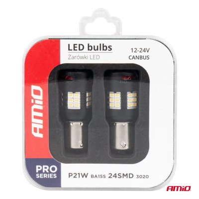 LED BUBLS CANBUS PRO serie 1156 BA15S P21W R10W R5W 24x3020 SMD FAN Hvid 12V/24V AMIO-03721