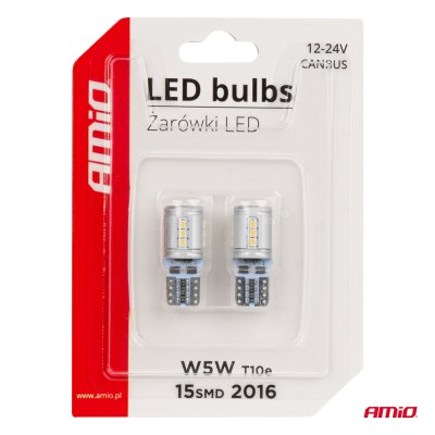 LED-pærer CANBUS T10e W5W 15x2016 SMD Hvid 12V/24V AMIO-03723