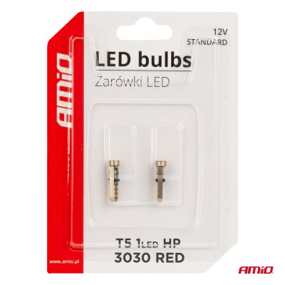 LED PÆRER STANDARD Rød T5 12V 3030 1LED HP AMIO-03727