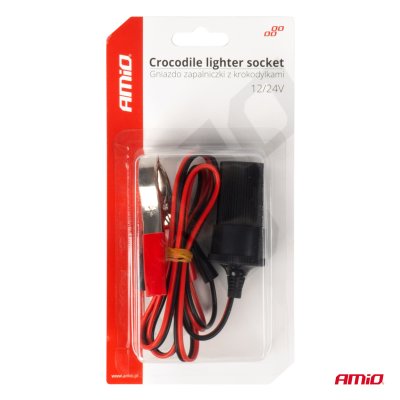 Cigaretlighter stikadapter med krokodilleudgang 12V 24V 100cm AMIO-03804