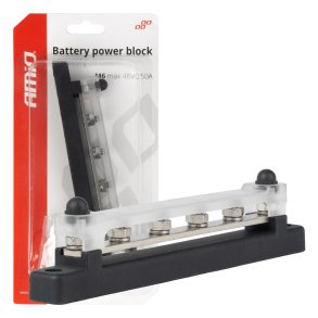 Jordfordelingsblok plus busskinne M6 12V - 48V 150A AMIO-03808