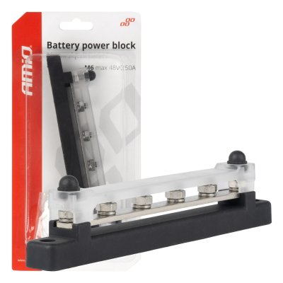Jordfordelingsblok plus busskinne M6 12V - 48V 150A AMIO-03808