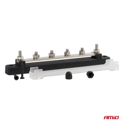 Jordfordelingsblok plus busskinne M6 12V - 48V 150A AMIO-03808