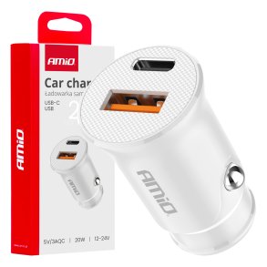 Biloplader USB-A + USB-C 20W 12/24V AMiO-03877