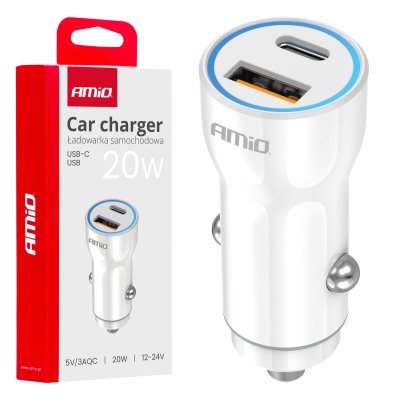 Biloplader USB-A + USB-C 20W 12/24V AMiO-03881