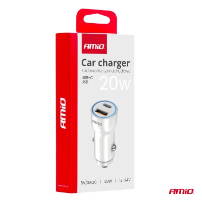 Biloplader USB-A + USB-C 20W 12/24V AMiO-03881