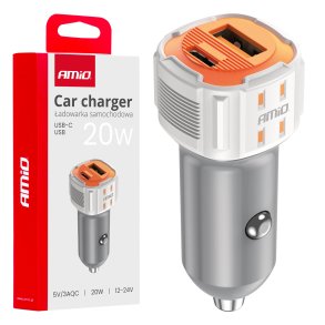 Bilhurtelader USB-A + USB-C 20W 12/24V AMiO-03882