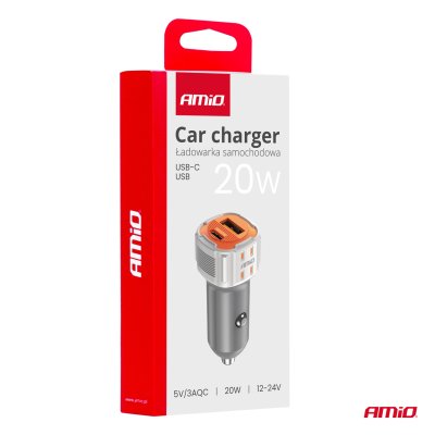 Bilhurtelader USB-A + USB-C 20W 12/24V AMiO-03882