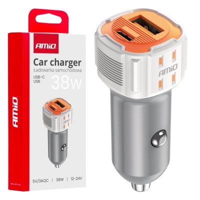 Biloplader USB-A + USB-C 38W 12/24V AMiO-03883