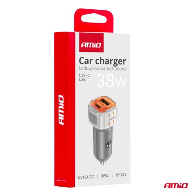 Biloplader USB-A + USB-C 38W 12/24V AMiO-03883