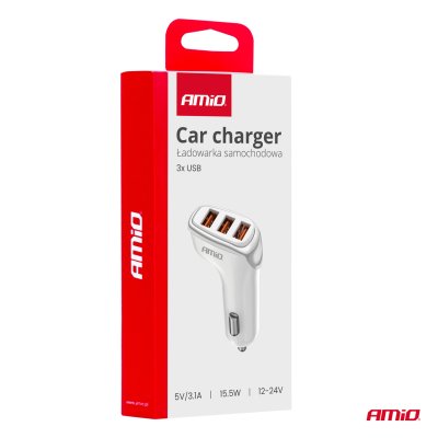 Biloplader 3x USB-A 3.1A 12/24V AMiO-03885