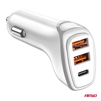 Biloplader 2x USB-A + USB-C 38W 12/24V AMiO-03886
