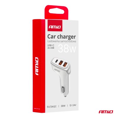 Biloplader 2x USB-A + USB-C 38W 12/24V AMiO-03886