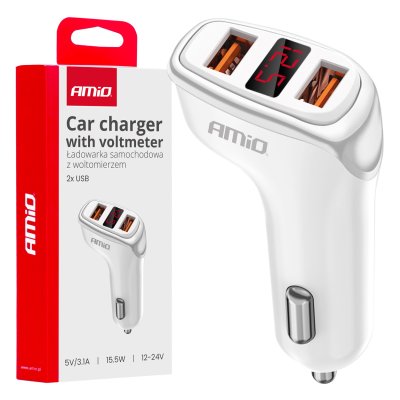 Biloplader 2x USB-A + batteritjek 3.1A 12/24V AMiO-03887