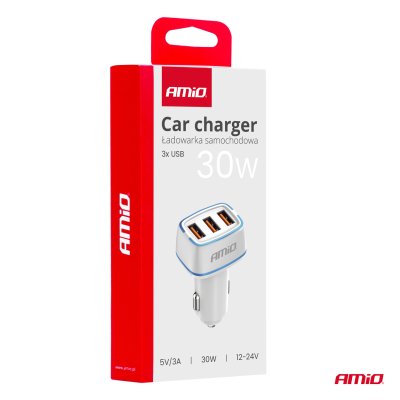 Biloplader 3x USB-A 30W 12/24V AMiO-03889
