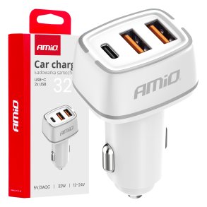 Biloplader 2x USB-A + USB-C 32W 12/24V AMiO-03890