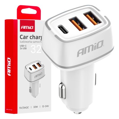Biloplader 2x USB-A + USB-C 32W 12/24V AMiO-03890