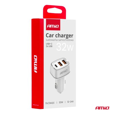 Biloplader 2x USB-A + USB-C 32W 12/24V AMiO-03890