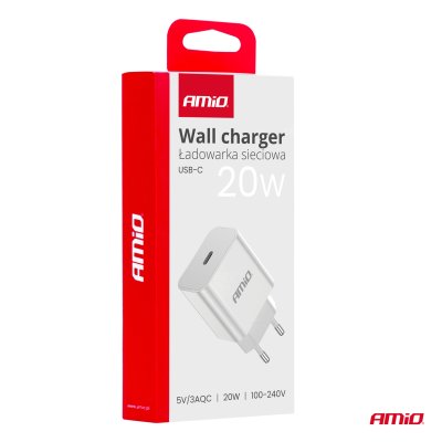 Vægoplader USB-C 20W Hurtig Opladning 230V AMIO-03891