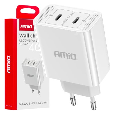 Vægbaseret oplader 2xUSB-C 40W Hurtig opladning 230V AMIO-03892