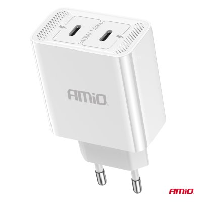 Vægbaseret oplader 2xUSB-C 40W Hurtig opladning 230V AMIO-03892