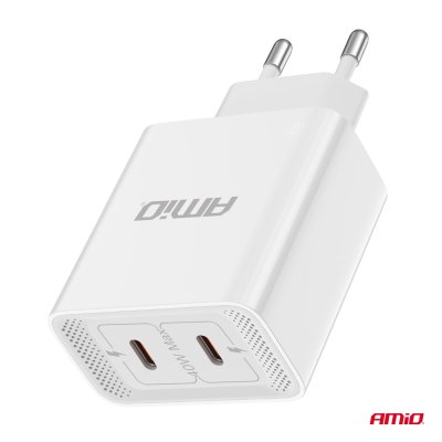 Vægbaseret oplader 2xUSB-C 40W Hurtig opladning 230V AMIO-03892