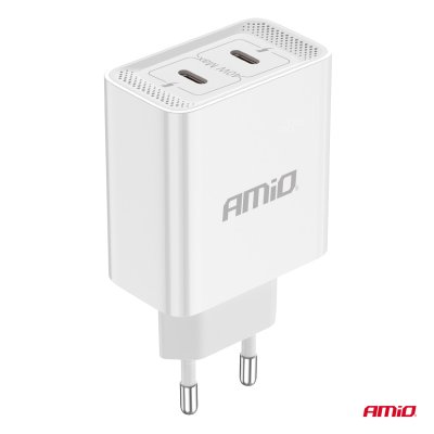 Vægbaseret oplader 2xUSB-C 40W Hurtig opladning 230V AMIO-03892