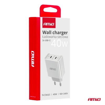 Vægbaseret oplader 2xUSB-C 40W Hurtig opladning 230V AMIO-03892