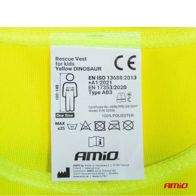 Sikkerhedsvest til børn gul med certifikat DINOSAUR AMIO-03936