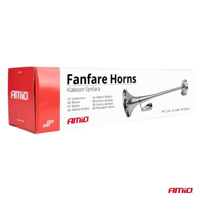Horn fanfare lydsignal krom 520mm 12V 24V HighTone AMIO-04077