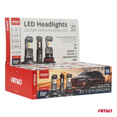 LED-forlygter Hybrid serie H1 H3 H4 H7 HB3 HB4 6000K Canbus 16 sæt AMIO-04120