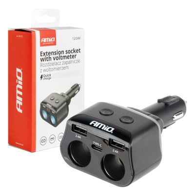 Dobbelt forlængerstik 2xUSB 1xUSB C 12/24V max 200W AMIO-04173