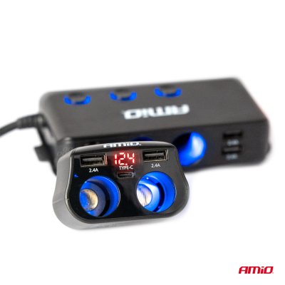Dobbelt forlængerstik 2xUSB 1xUSB C 12/24V max 200W AMIO-04173