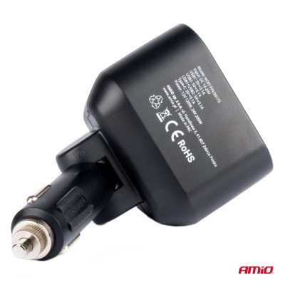 Dobbelt forlængerstik 2xUSB 1xUSB C 12/24V max 200W AMIO-04173