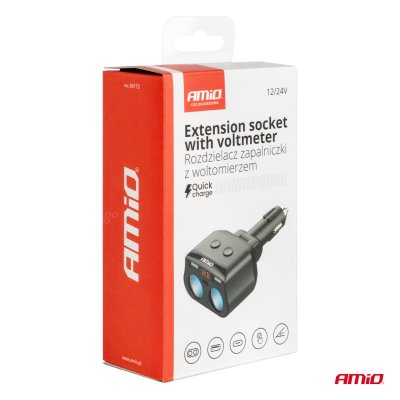 Dobbelt forlængerstik 2xUSB 1xUSB C 12/24V max 200W AMIO-04173