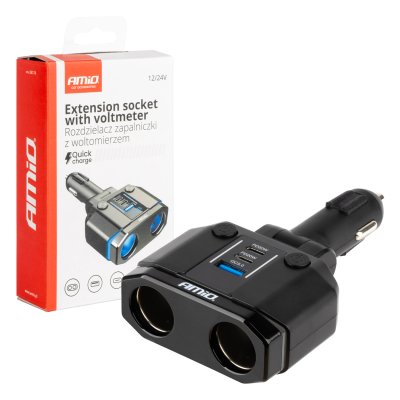 Dobbelt forlængelsesstik PD30W PD20W QC3.0 12/24V max 200W AMIO-04174