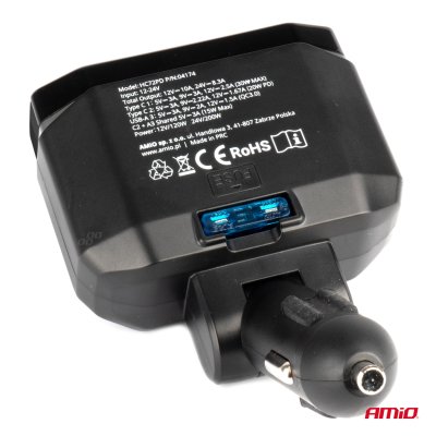 Dobbelt forlængelsesstik PD30W PD20W QC3.0 12/24V max 200W AMIO-04174