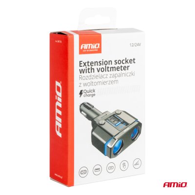 Dobbelt forlængelsesstik PD30W PD20W QC3.0 12/24V max 200W AMIO-04174