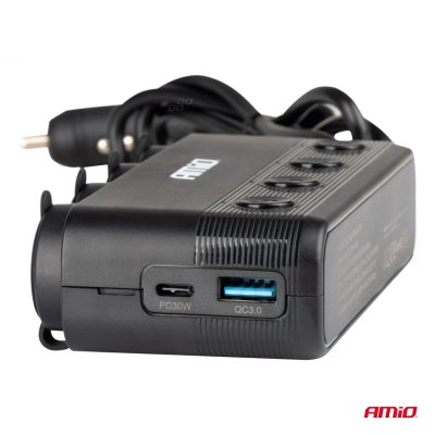 Firdobbel stikdåse PD30W QC3.0 12/24V max 216W AMIO-04175