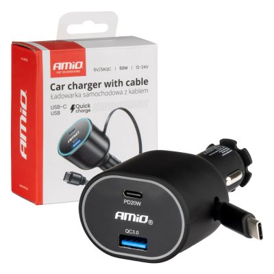 Hurtig biloplader 3.0 med 30W C sammenfoldelig kabel PD20W AMIO-04176