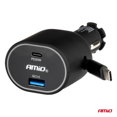 Hurtig biloplader 3.0 med 30W C sammenfoldelig kabel PD20W AMIO-04176