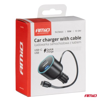 Hurtig biloplader 3.0 med 30W C sammenfoldelig kabel PD20W AMIO-04176