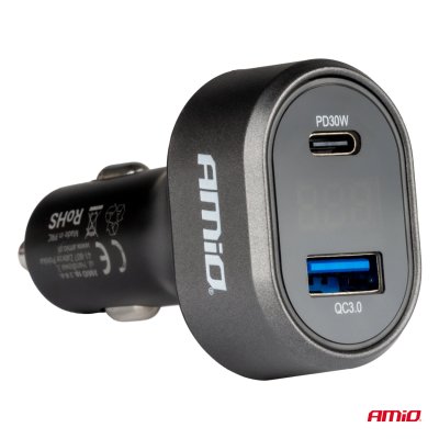 Hurtig biloplader med spændings-LED-display 3.0 PD30W AMIO-04178