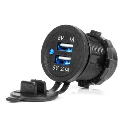 Vandtæt telefonoplader med BLÅ LED-indikator 3.1A 2xUSB 12/24V AMIO-04216