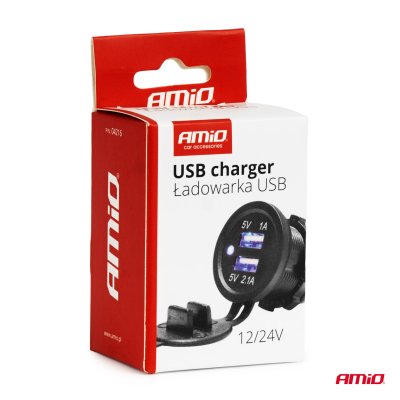 Vandtæt telefonoplader med BLÅ LED-indikator 3.1A 2xUSB 12/24V AMIO-04216